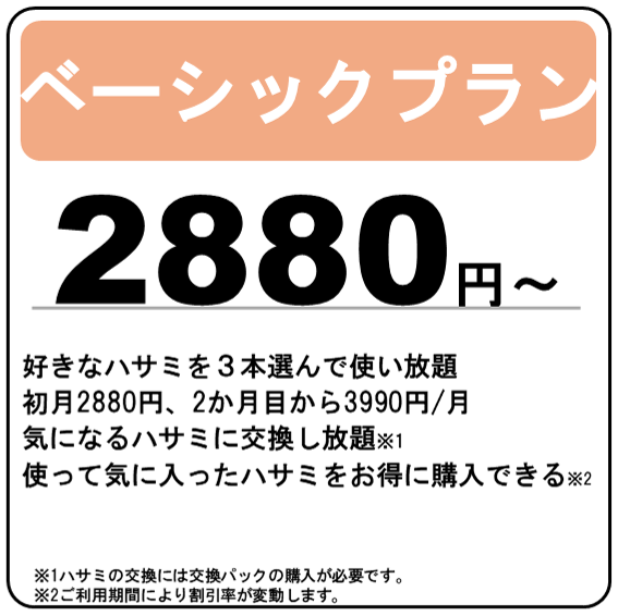 ハサミのサブスク　ベーシックプラン初月2880円、2か月目から3990円で好きなハサミを3本選んで使い放題