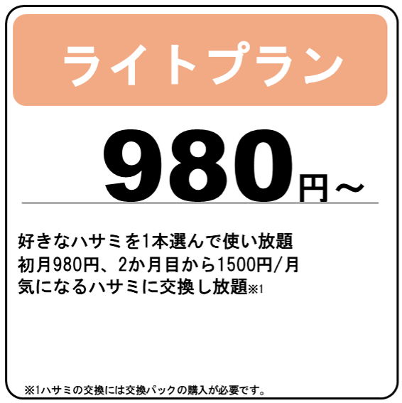 ハサミのサブスク　ライトプラン初月980円、2か月目から1500円で好きなハサミを1本選んで使い放題